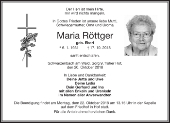 Traueranzeige von Maria Röttger von Frankenpost