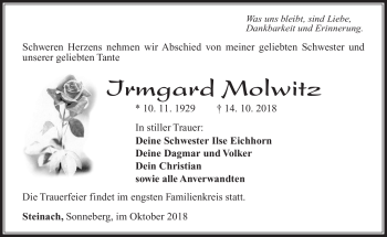 Traueranzeige von Irmgard Molwitz von Südthüringer Presse