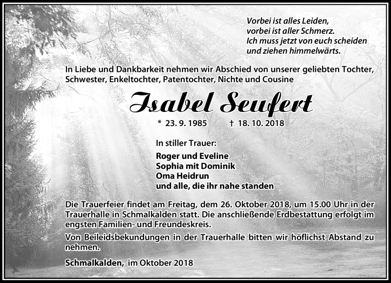  Traueranzeige für Isabel Seufert vom 20.10.2018 aus Südthüringer Presse