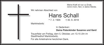 Traueranzeige von Hans Schall von Frankenpost