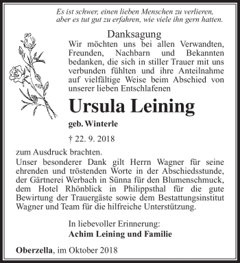 Traueranzeige von Ursula Leining von Südthüringer Presse