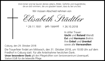 Traueranzeige von Elisabeth Städtler von Neue Presse Coburg