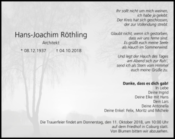 Traueranzeige von Hans-Joachim Röthling von Neue Presse Coburg