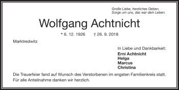 Traueranzeige von Wolfgang Achtnicht von Frankenpost