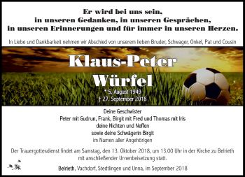 Traueranzeige von Klaus Würfel von Südthüringer Presse