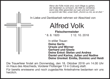 Traueranzeige von Alfred Volk von Neue Presse Coburg