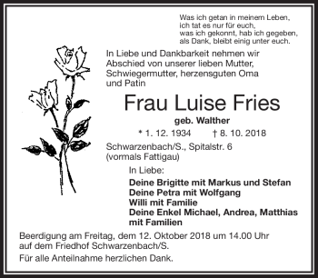 Traueranzeige von Luise Fries von Frankenpost