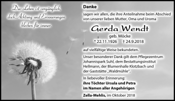 Traueranzeige von Gerda Wendt von Südthüringer Presse