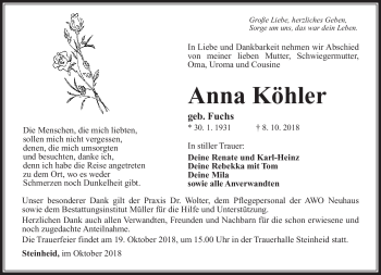 Traueranzeige von Anna Köhler von Südthüringer Presse