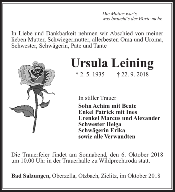 Traueranzeige von Ursula Leining von Südthüringer Presse