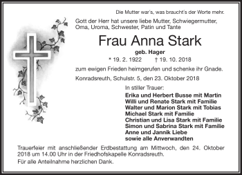 Traueranzeige von Anna Stark von Frankenpost