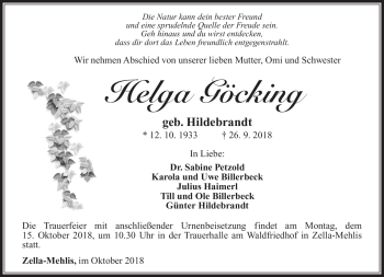 Traueranzeige von Helga Göcking von Südthüringer Presse