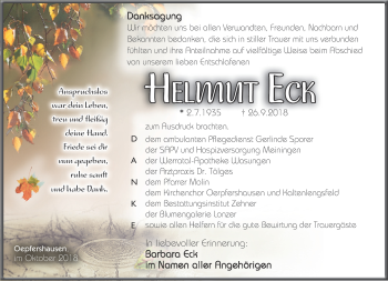 Traueranzeige von Helmut Eck von Südthüringer Presse