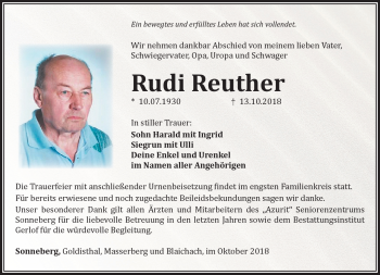 Traueranzeige von Rudi Reuther von Südthüringer Presse