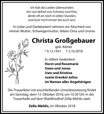 Traueranzeige von Christa Großgebauer von Südthüringer Presse