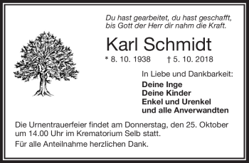 Traueranzeige von Karl Schmidt von Frankenpost