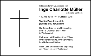 Traueranzeige von Inge Charlotte Müller von Frankenpost