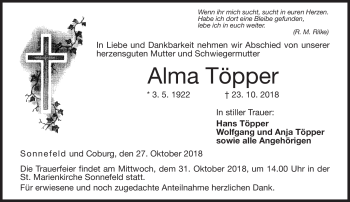 Traueranzeige von Alma Töpper von Neue Presse Coburg