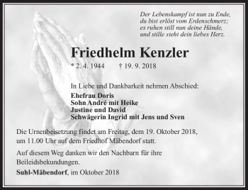 Traueranzeige von Friedhelm Kenzler von Südthüringer Presse