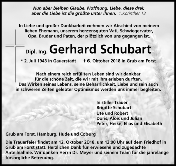Traueranzeige von Gerhard Schubart von Neue Presse Coburg
