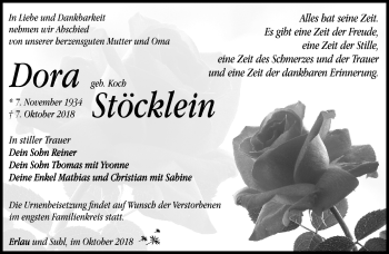 Traueranzeige von Dora Stöcklein von Südthüringer Presse