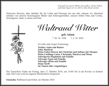 Traueranzeige von Waltraud Witter von Südthüringer Presse