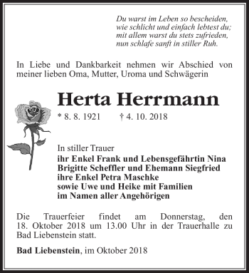 Traueranzeige von Herta Herrmann von Südthüringer Presse