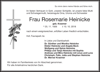 Traueranzeige von Rosemarie Heinicke von Frankenpost