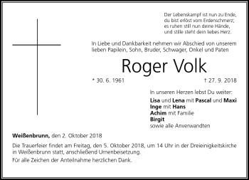 Traueranzeige von Roger Volk von Neue Presse Coburg