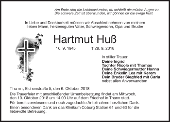Traueranzeige von Hartmut Huß von Neue Presse Coburg
