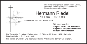 Traueranzeige von Hermann Riedel von Frankenpost