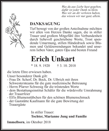 Traueranzeige von Erich Unkart von Südthüringer Presse