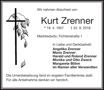 Traueranzeige von Kurt Zrenner von Frankenpost