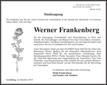 Traueranzeige von Werner Frankenberg von Südthüringer Presse