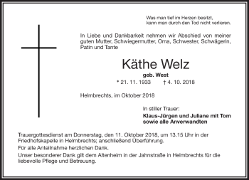 Traueranzeige von Käthe Welz von Frankenpost