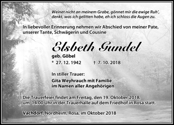 Traueranzeige von Elsbeth Gundel von Südthüringer Presse
