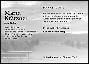 Traueranzeige von Marta Krätzner von Südthüringer Presse