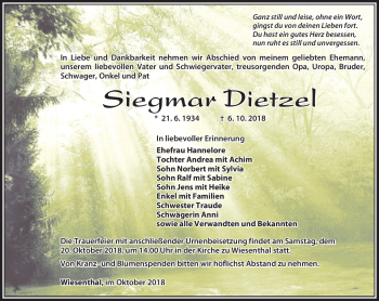 Traueranzeige von Siegmar Dietzel von Südthüringer Presse
