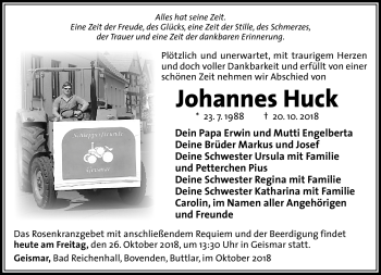 Traueranzeige von Johannes Huck von Südthüringer Presse