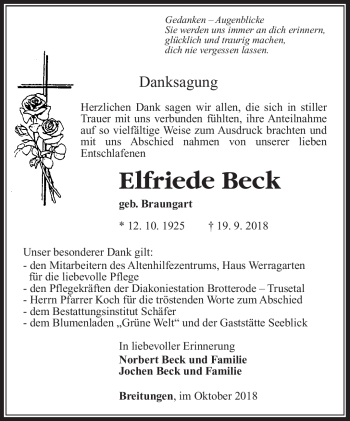 Traueranzeige von Elfriede Beck von Südthüringer Presse