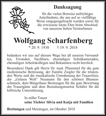 Traueranzeige von Wolfgang Scharfenberg von Südthüringer Presse