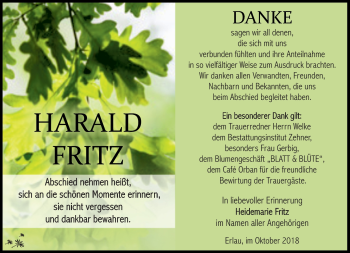 Traueranzeige von Harald Fritz von Südthüringer Presse