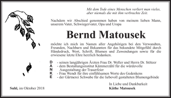 Traueranzeige von Bernd Matousek von Südthüringer Presse