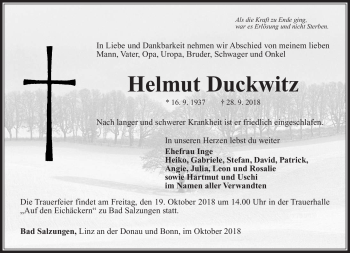 Traueranzeige von Helmut Duckwitz von Südthüringer Presse