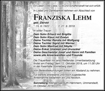 Traueranzeige von Franziska Lehm von Südthüringer Presse