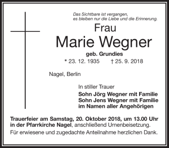 Traueranzeige von Marie Wegner von Frankenpost
