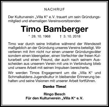 Traueranzeige von Timo Bamberger von Südthüringer Presse