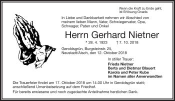Traueranzeige von Gerhard Nietner von Frankenpost