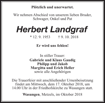Traueranzeige von Herbert Landgraf von Südthüringer Presse