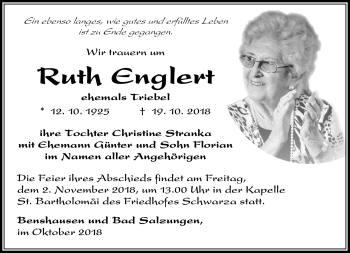 Traueranzeige von Ruth Englert von Südthüringer Presse